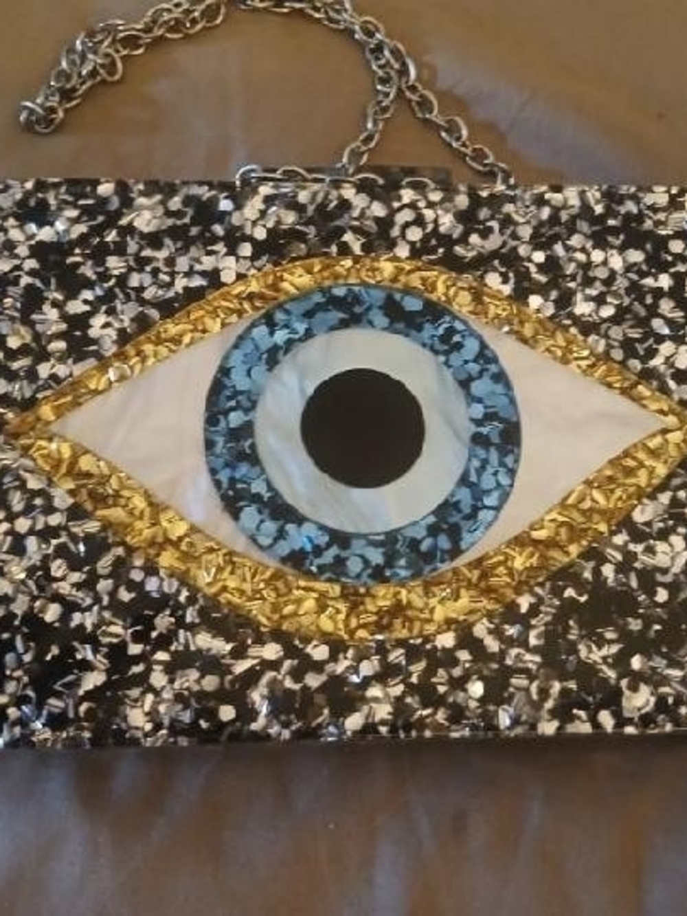 Unique Lacquered Evil Eye Sequined Clutch in Sparkle Flecks In Black Gold & Blue